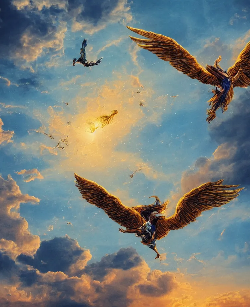 Image similar to icarus falling from the sky, golden big wings, dramatic, sunset clouds, tormented blue sea, extremely detailed, sharpness, 8 k