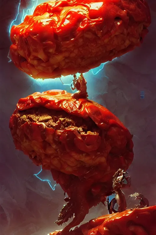 Prompt: meatloaf inside a meat loaf, hyper detailed, digital art, artstation, cinematic lighting, studio quality, smooth render, by peter mohrbacher, hajime sorayama, wayne barlowe, boris vallejo, aaron horkey, gaston bussiere, craig mullins, caravaggio