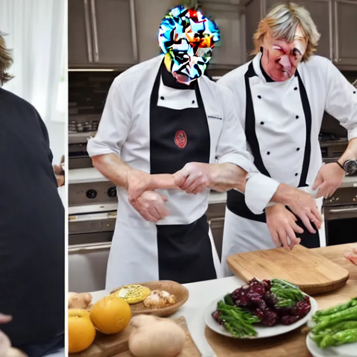 Image similar to vladimir putin and james may in white apron in kitchen cooking dinner. stock photo, photograph