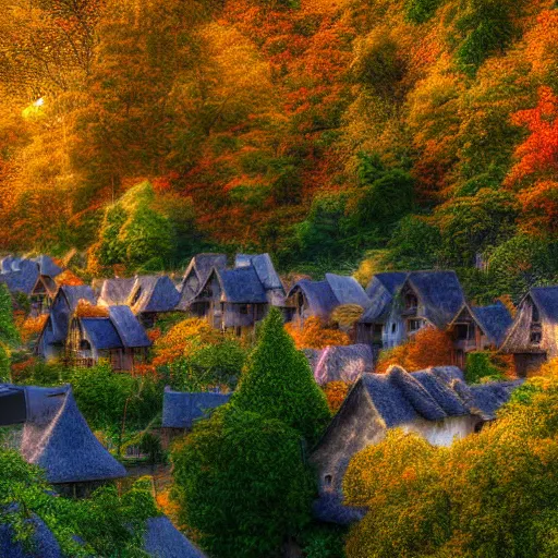 Image similar to a village full of tree houses nestled in a forest, chimneys with puffs of smoke, tall trees, thatched roofs, fresh streams running through, golden hour, autumn leaves, realistic high quality art digital art