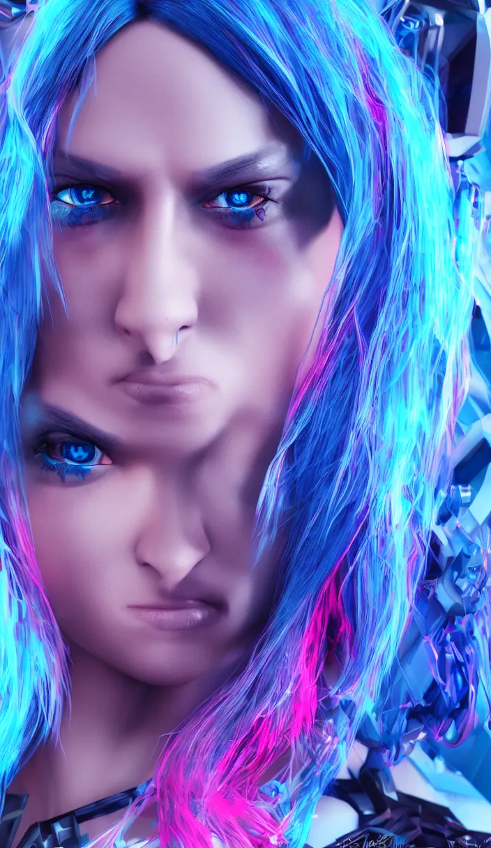 Image similar to a portrait of a cyberpunk woman, blue neon hair, pink eyes, hyperdetailed, rtx, hdr, 3 d render, octabe render, 8 k.