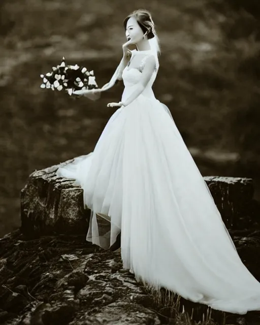 Image similar to justin sun wearing beautiful wedding dress, kawaii, professional wedding photography