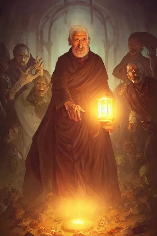 Image similar to male senior cleric holding a lantern surrounded by zombies, highly detailed, digital painting, artstation, concept art, smooth, sharp focus, illustration, art by artgerm and greg rutkowski and alphonse mucha and andrei riabovitchev