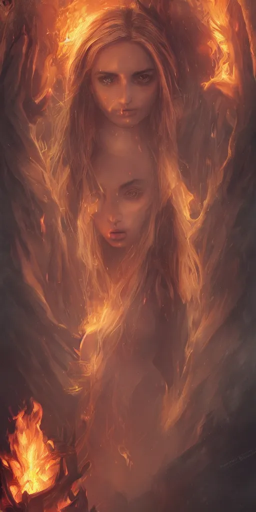 Image similar to evil pretty blond girl demon spawn surrounded by fire tornadoes, flawless symmetrical pretty cute face, ana de armas, hetrochromia, greg rutkowski, 8 k, shallow depth of field, intricate detail, concept art,