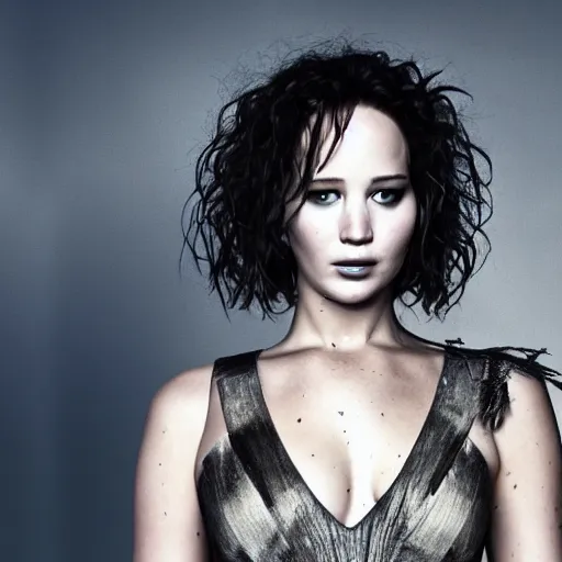 Image similar to promo of Jennifer Lawrence starring in Tim Burton's Eve Scissors, a 2029 update of Edward Scissorhands