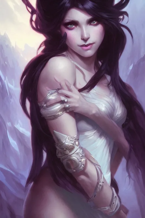 Image similar to portrait of Kalista from League of Legends, dreamy and ethereal and dark, dark eyes, smiling expression, dark fantasy, chaotic, elegant, highly detailed, digital painting, artstation, concept art, smooth, sharp focus, illustration, art by artgerm and greg rutkowski and alphonse mucha