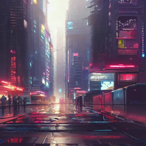 Prompt: A ultra detailed beautiful painting of a cyberpunk city street, oil panting, high resolution 4K, by Ilya Kuvshinov, Greg Rutkowski and Makoto Shinkai