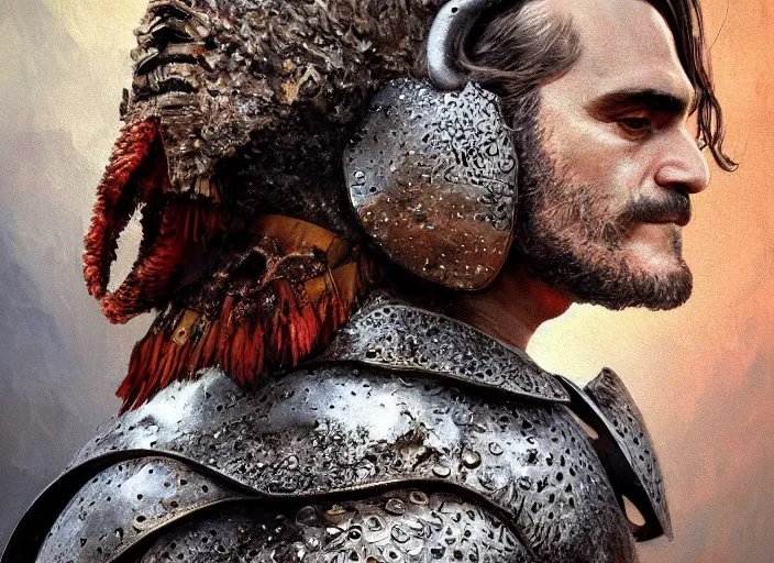 Prompt: digital painting of joaquin phoenix wearing armor made of animals, cow horns, pig nose, sheep wool, chicken feather armor, majestic, by anna podedworna and miklos ligeti, diego maricato, taran fiddler, antonino truisi, chris reddie, jinsung lim, on artstation