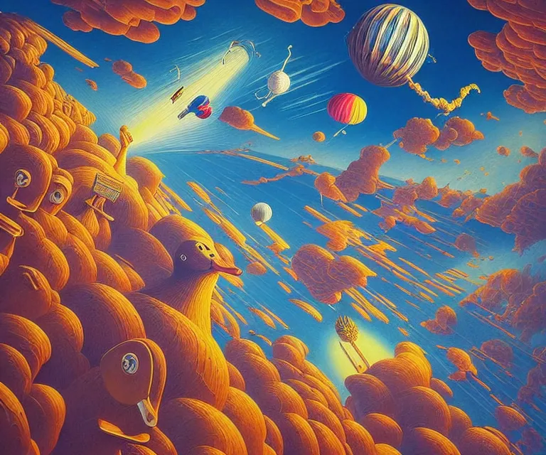 Image similar to hyper detailed 3d render like a Oil painting - a cartoon duck launching itself far above the earth into deep space, by Jacek Yerka, Mariusz Lewandowski, Houdini algorithmic generative render, Abstract brush strokes, Masterpiece, Edward Hopper and James Gilleard, Zdzislaw Beksinski, Mark Ryden, Wolfgang Lettl, hints of Yayoi Kasuma, octane render, 8k