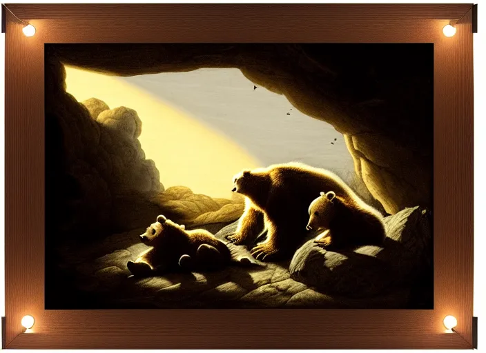 Image similar to Pieter Claesz's 'a bear and her cub sleeping in a dark cave, lit by hole in roof', night time, cross hatching, backlit, beautiful wooden frame, monochrome, colours of the sunset