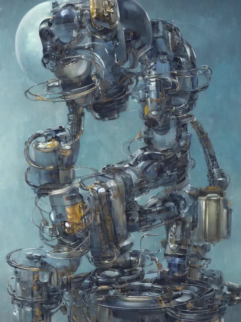 Image similar to half-length portrait of my friendly empatic robot greets my twitter friends with a fresh cup of hot coffee, by Simon Stalenhaag, by Yoshitaka Amano, by Esao Andrews, sharp focus, fresh colors, deviantart,