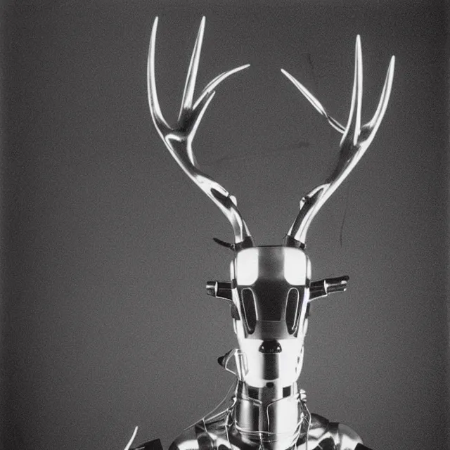 Image similar to Cybernetic robot deer. A close-up studio portrait by Robert Mapplethorpe. Tri-x