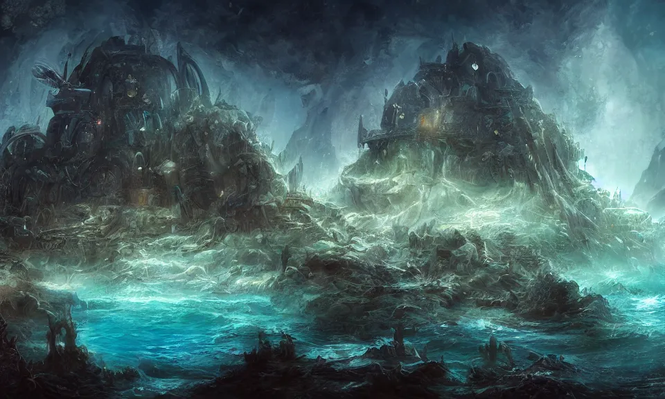 Image similar to lost civilization of atlantis sunken deep in the ocean, digital art, concept art, fantasy art, highly detailed, hd wallpaper, hdr, artstation, deviantart, behance