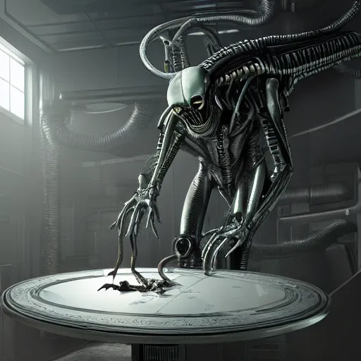 Image similar to cyborg human Xenomorph giant sitting at a table inside the depths of futuristic citadel, amazing 8k character concept art, plant conservatory biolab, fineline detail, cinematic quality, vray 8k render