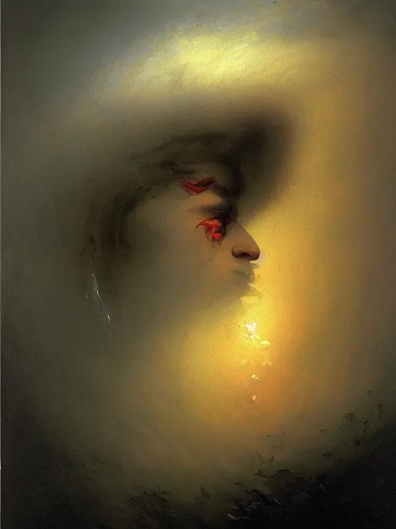 Image similar to painting by ivan aivazovsky of a flying sorrowful looking human head with tears running down it's eyes, face that is chalk white in color, with long sprawling white tentacles stemming down it's neck, fiery scorching red eyes, flying in a terrying hellish dark cavernous place