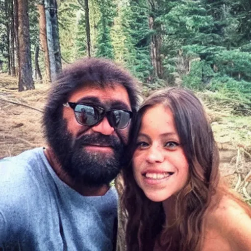 Prompt: a sasquatch and a human pose for a picture together, instagram post, selfie, well - lit