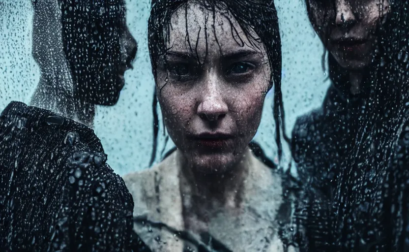 Image similar to cinestill 5 0 d candid photographic portrait by christopher nolan of two loving female androids wearing rugged black mesh techwear in treacherous waters, extreme closeup, modern cyberpunk moody emotional cinematic, pouring rain, 8 k, hd, high resolution, 3 5 mm, f / 3 2, ultra realistic faces, ex machina