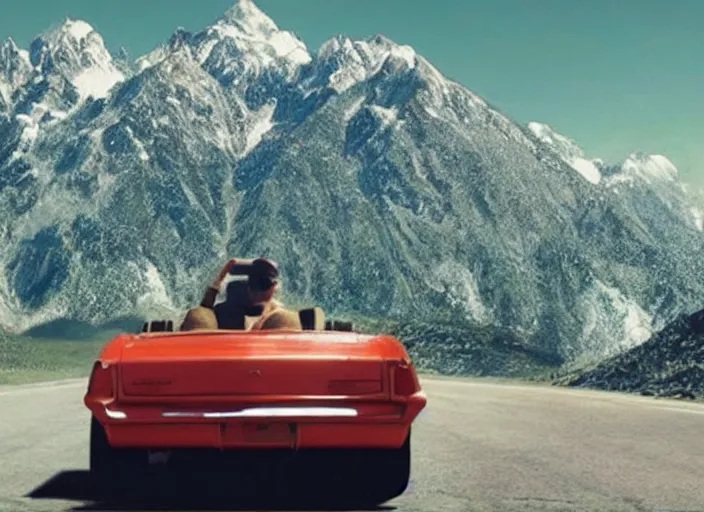 Image similar to a very high resolution image from a new movie, eminem driving a car. inside of a car. alone. mountains, directed by wes anderson