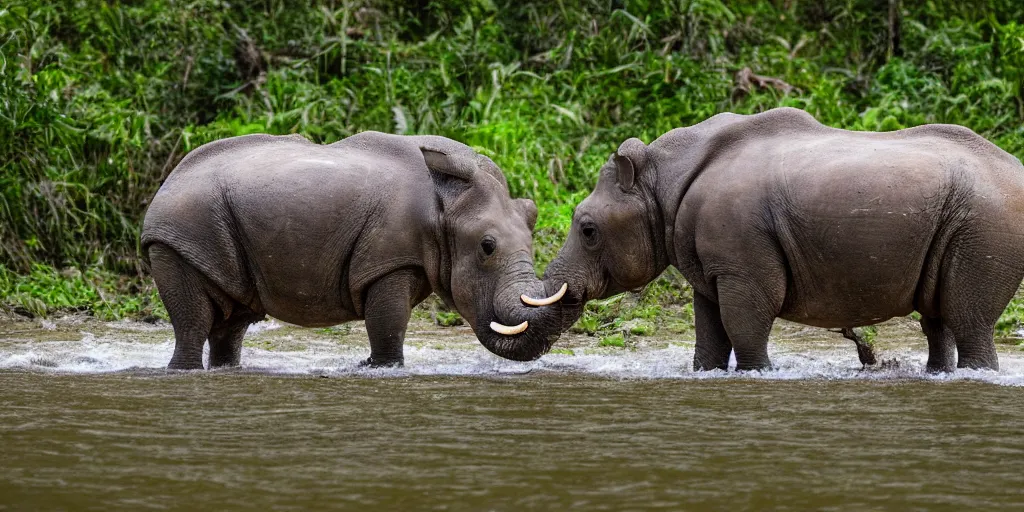 Image similar to a hippo with a rhino's horn and an elephant's trunk, in a river in the jungle, extremely high fidelity, natural lighting