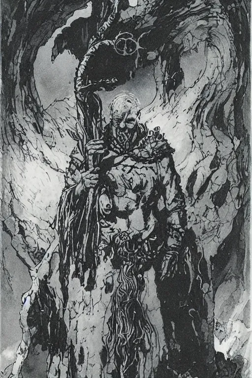 Prompt: A druid at the beginning of the world by Alan Lee, Mike Mignola and Frank Frazetta