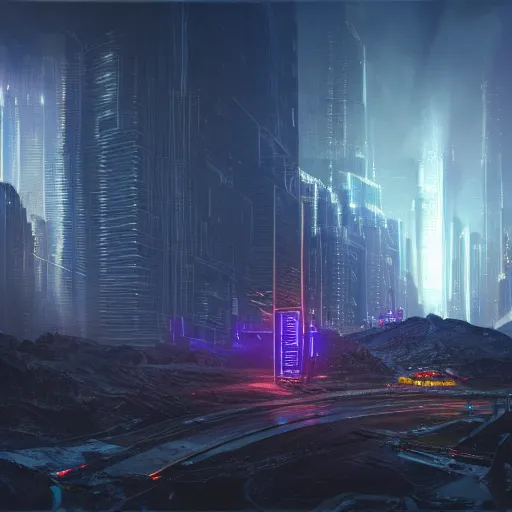 Image similar to foreground a large otherworldly temporal distortion, rocky mountain environment, background sprawling futuristic cityscape with glowing lights :: arch viz , Matte painting, octane render, 8k, corona render, movie concept art, liquid, mist, caustics, epic mood, cinematic, hyper detailed, insanely detailed and intricate, hyper maximalist, cinematic, octane render, redshift render, 8k