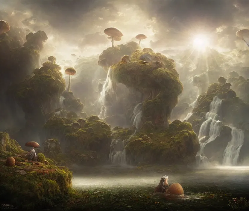 Prompt: floating lands in-clouds, foggy, volumetric fog, sun beams, blooming, bird flocks, giant mushrooms, waterfalls, flying whale; by Tom Bagshaw, Ivan Shishkin, Hans Thoma, Asher Brown Durand