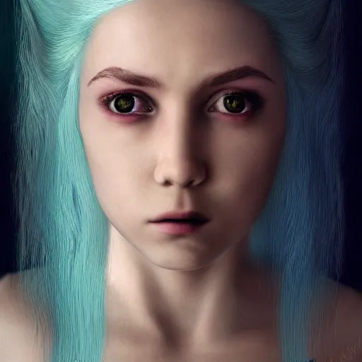 Prompt: The dragon girl portrait, portrait of young girl half dragon half human, dragon girl, dragon skin, dragon eyes, dragon crown, blue hair, long hair, highly detailed, cinematic lighting, by David Lynch and Sofia Coppola