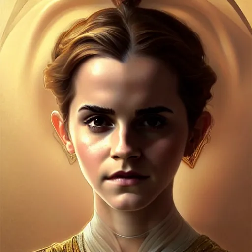 Image similar to emma watson portrait of ottoman sultan gog, female, clear face, symetrical, masculine, full body, muscular, fantasy, intricate, elegant, highly detailed, digital painting, artstation, concept art, matte, sharp focus, illustration, art by artgerm and greg rutkowski and alphonse mucha