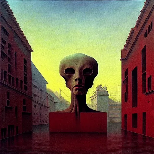 Prompt: dystopian surreal painting of eerie head statues surrounded by buildings by zdzisław beksinski and caravaggio