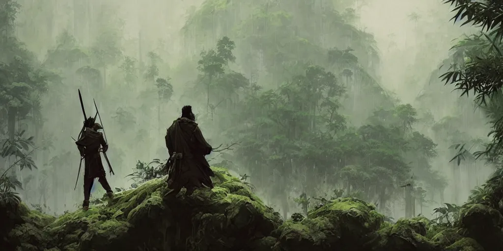 Image similar to hyper realistic yasuo the ancient swordsman gazing upon the world he has created while its raining in a bamboo forest, greg rutkowski, brom, james gurney, mignola, craig mullins, alan lee