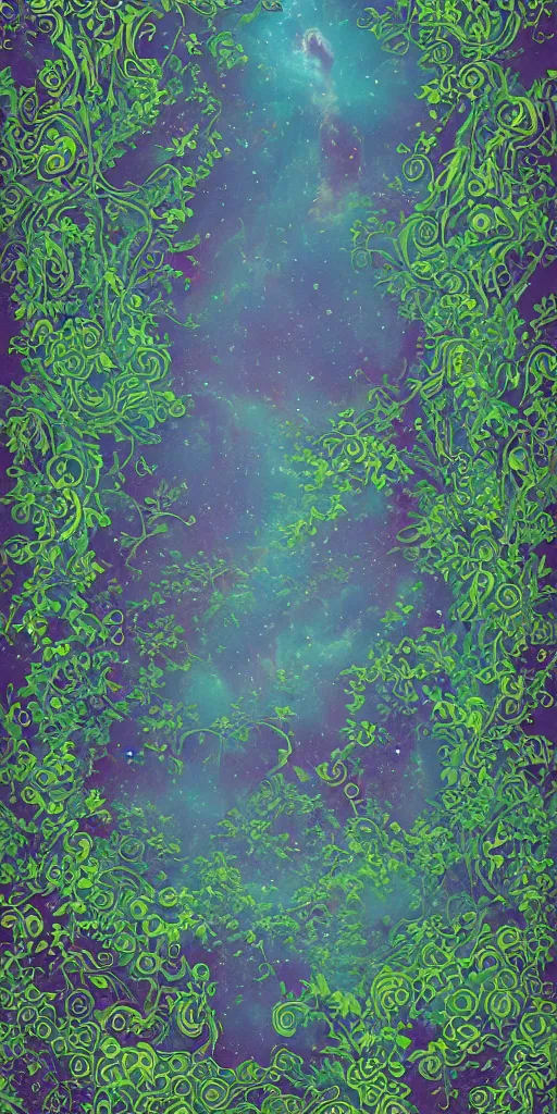 Prompt: liquified 3 d isometric victorian pattern melting, colorful, grainy, risograph, dramatic lighting, flowing, nebula, lush overgrowth, ivy, vines, flowers, trees, birds, city, unreal engine, fog, cosmic