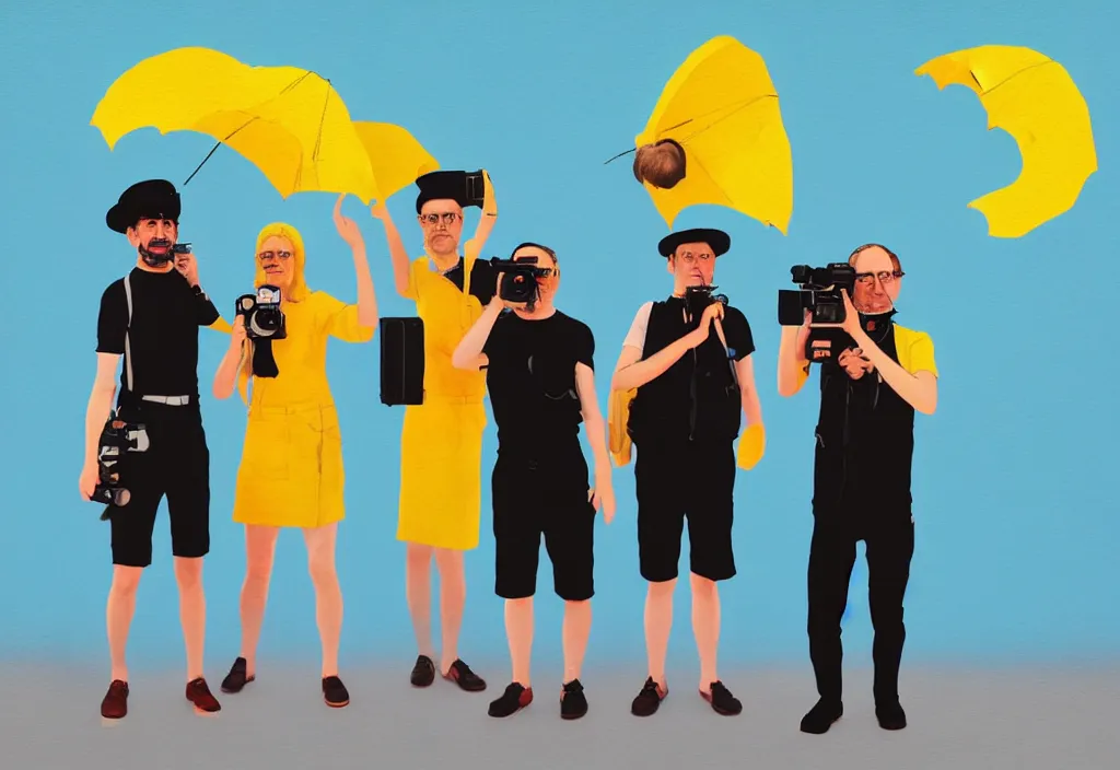 Image similar to full body portrait of a trio of european tourists with nikon cameras, various poses shooting photos, character designs painting, in the style of wes anderson, rene magritte, lola dupre, david hockney, isolated on white background, dark monochrome neon spraypaint accents volumetric octane render