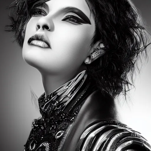 Image similar to highly detailed portrait of black and white haired girl, wearing a black jacket, intricate, cgsociety, cinematic studio lighting