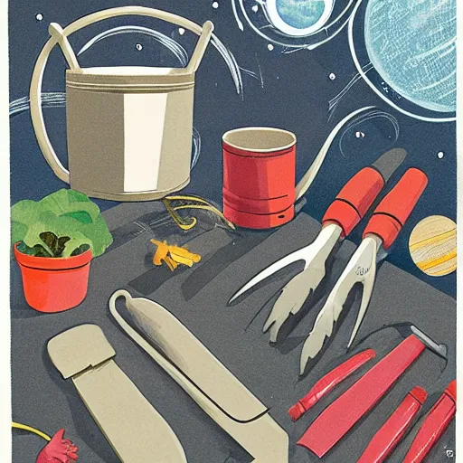 Image similar to a walter wick ( i spy book illustrator ) photographic illustration of gardening tools in space