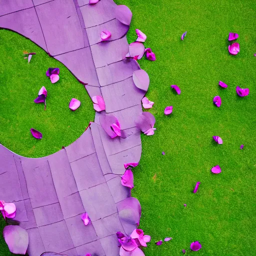 Prompt: closeup photo of 1 lone purple petal flying above a children in playground, aerial view, shallow depth of field, cinematic, 8 0 mm, f 1. 8 - c 1 1. 0