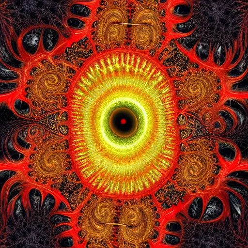 Image similar to Hyper detailed painting of a fractal plasma being covered in endless teeth as it devours the light of creation itself.