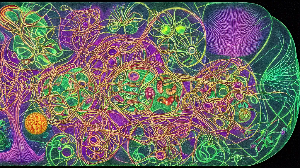 Prompt: quantum connections represented as symbiotic organisms like cells playing around with colorful lights by ernst haeckel, squishy