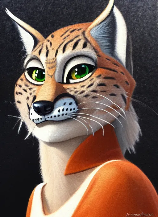 Image similar to oil painting of anthromorphic female lynx, in style of zootopia, female fursona, furry, furaffinity, 4 k, deviantart, furry art, fursona art, wearing black business suit, business suit, lynx fursona, female, very expressive detailed feminine face,