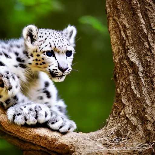 Prompt: very very very very very very cute chibi baby snow leopard playing, portrait, stunning eyes, swatting at air, pixar style, forest background, cinematic lighting, award winning creature portrait photography