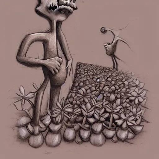 Image similar to surrealism grunge cartoon sketch of a human centipede with a wide smile holding flowers by - michael karcz, loony toons style, horror theme, detailed, elegant, intricate