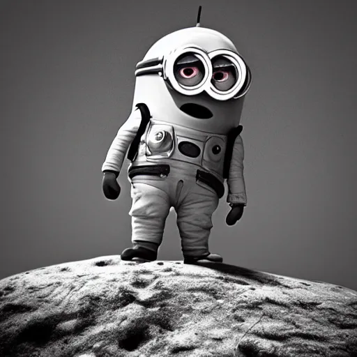 Prompt: old creepy black and white photograph of a minion astronaut