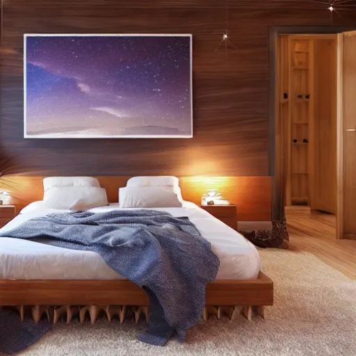 Image similar to Cozy bedroom aboard a flying ship twilight stars soft bed blankets wood paneling hyperrealism