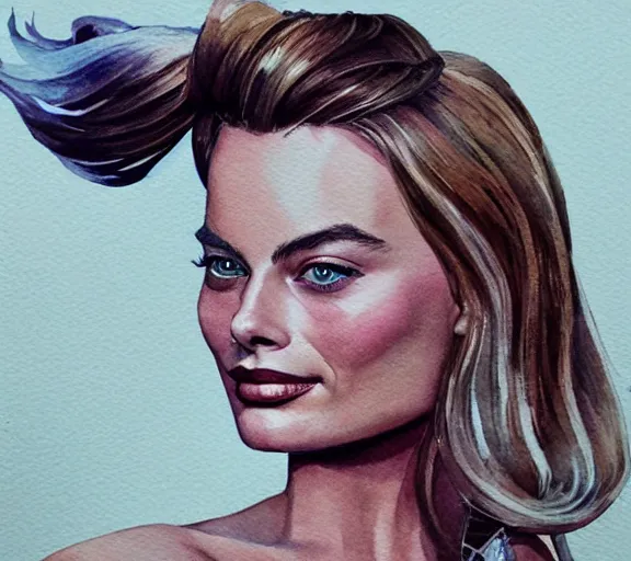 Prompt: A portrait of margot robbie, watercolor art, highly detailed, trending on artstation