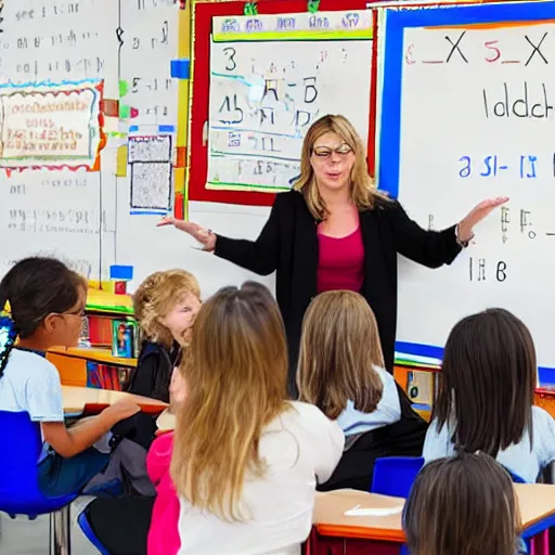 Prompt: realistic photo of a teacher explaining maths to elementary school students