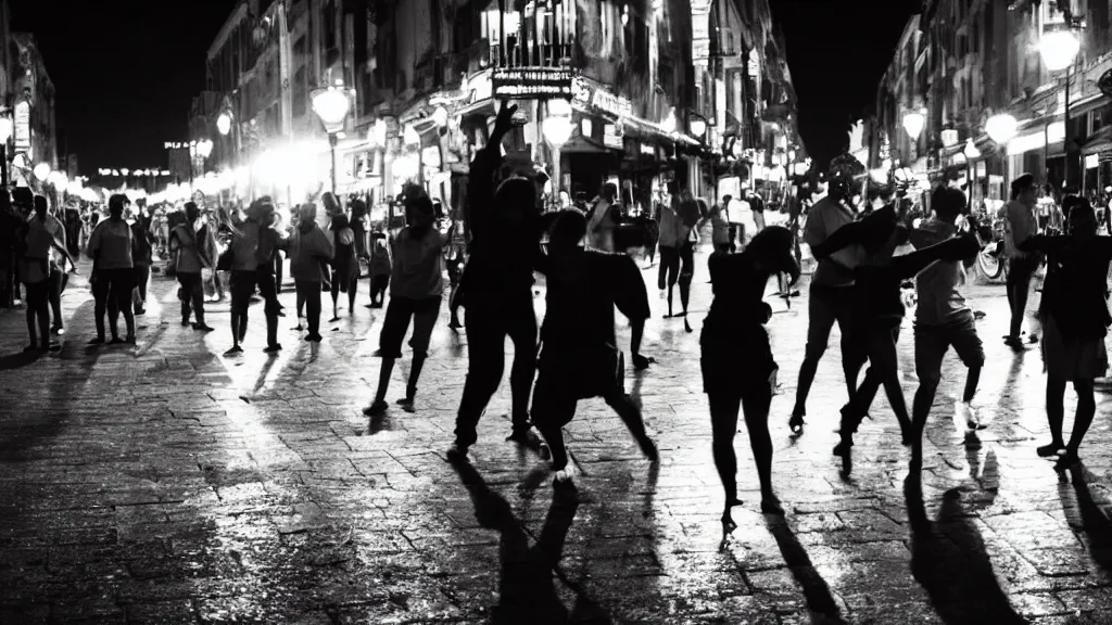 Prompt: people dancing in the street, at night, cinematic, backlight