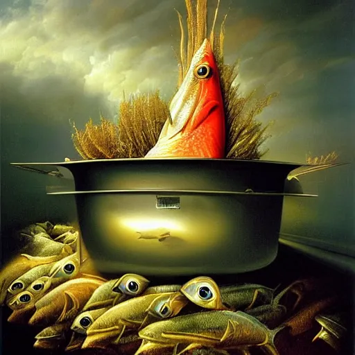 Image similar to a fish on the top of a pile of fish, inside a cooking pot, side view, by vladimir kush, dystopian aer, rococo