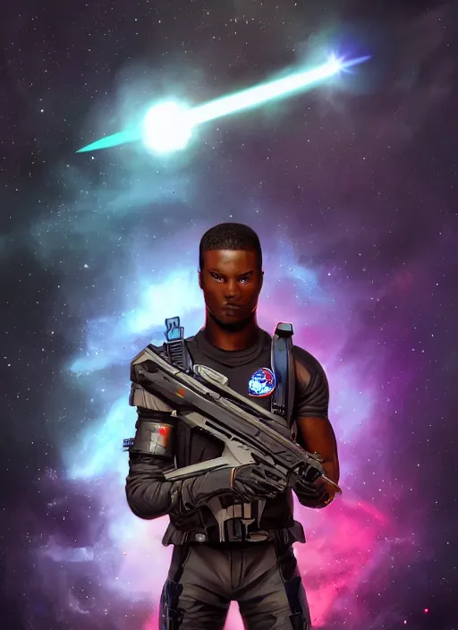 Prompt: space soldier, masculine black male holding a laser rifle in front of exploding nebulae, detailed digital illustration trending on artstation by artgerm and rutkowski