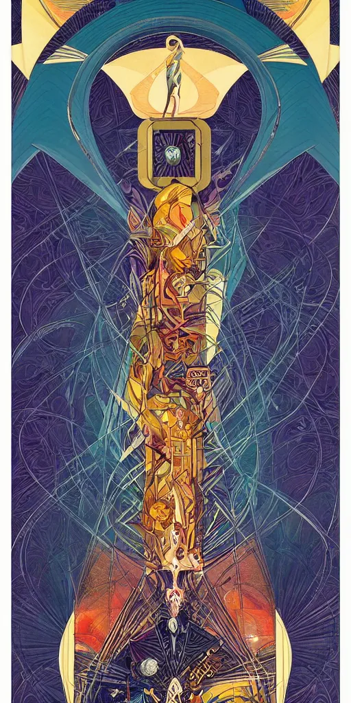 Prompt: a tarot card with an art deco boarder, by android jones