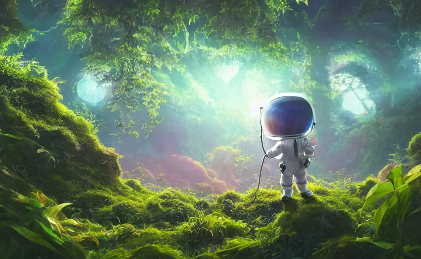 Image similar to a still of a cute adorable tiny astronaut, on a planet of lush foliage, with an enormous kaiju dragon surrounding, magical forest, sharp focus, neon backlit, highly detailed, disney pixar studio ghibli makoto shinkai, digital painting, matte, octane render, global illumination, iridescent, anime, 8 k concept art