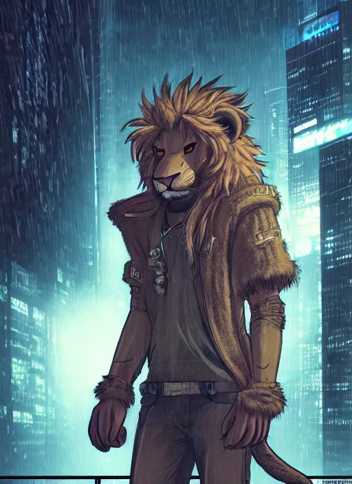 Prompt: character portrait of a male anthro lion fursona with a tail and a cute beautiful attractive detailed furry face wearing stylish cyberpunk clothes in a cyberpunk city at night while it rains. hidari, color page, tankoban, 4K, tone mapping, Akihiko Yoshida.